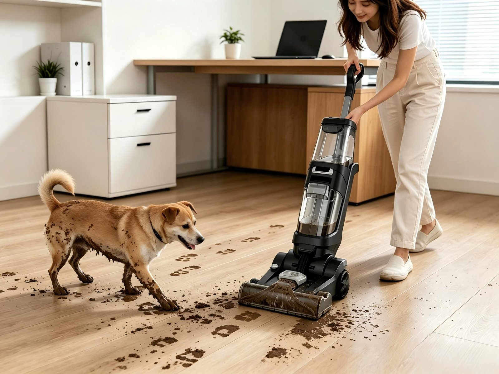 Pet owner cleaning carpet stains with specialized vacuum and cleaning solution