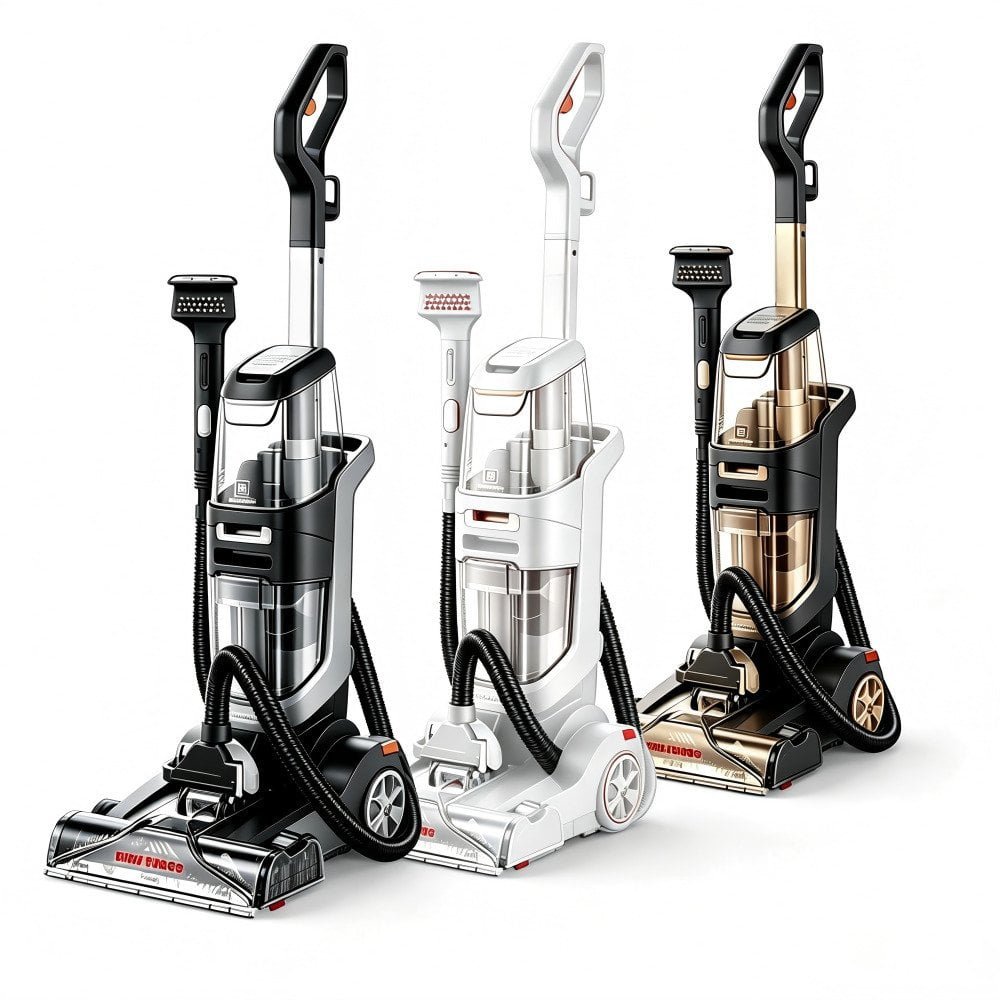 Professional Upright Carpet Washing Vacuum Cleaner with interactive feature hotspots showing water tanks, rotary brush, and control features