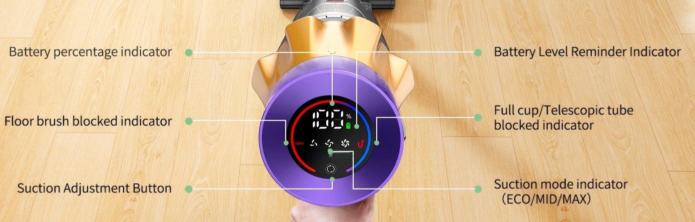 Cordless vacuum smart display with real-time battery status and error alerts