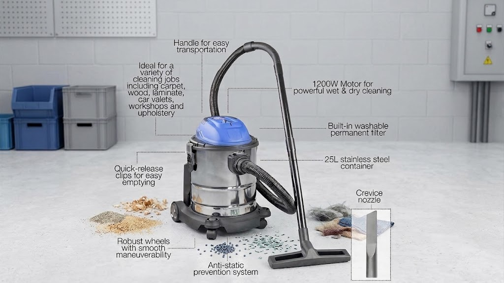LIYYOU 25L wet and dry vacuum cleaner showing tank, castors and accessory storage details