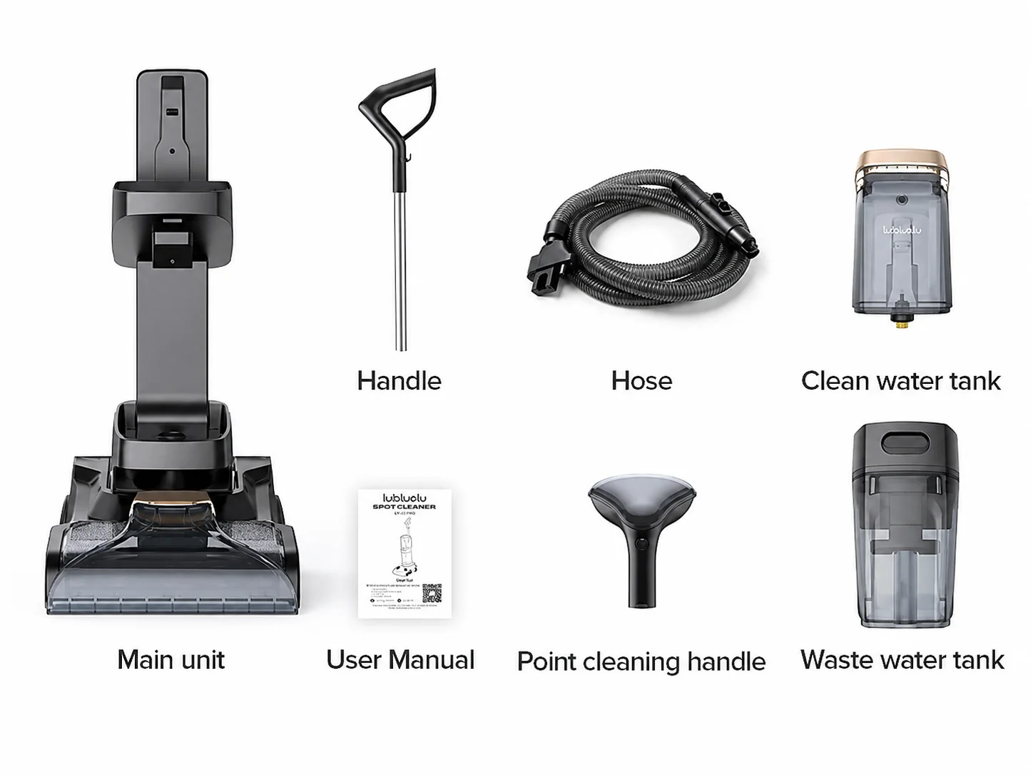 X3 Pro main unit with handle, hose, dual water tanks, upholstery cleaning tool and user manual